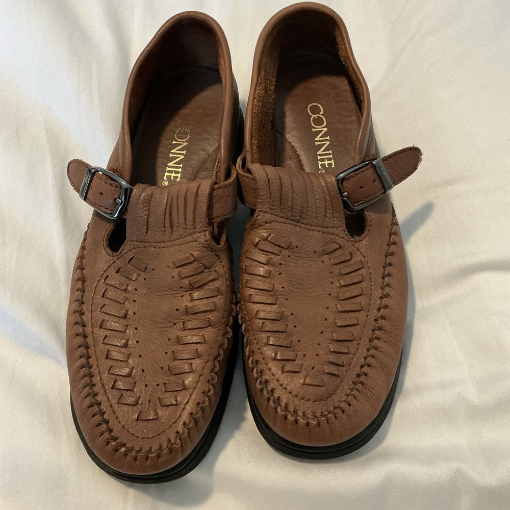 Connie Sz 9M Womens Shoes Flats‎ Brown Leather Woven T-Strap Mary Jane